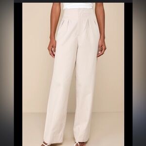 Lulus Sophisticated Feel Beige Pleated High-Rise Wide-Leg Pants Sz L
